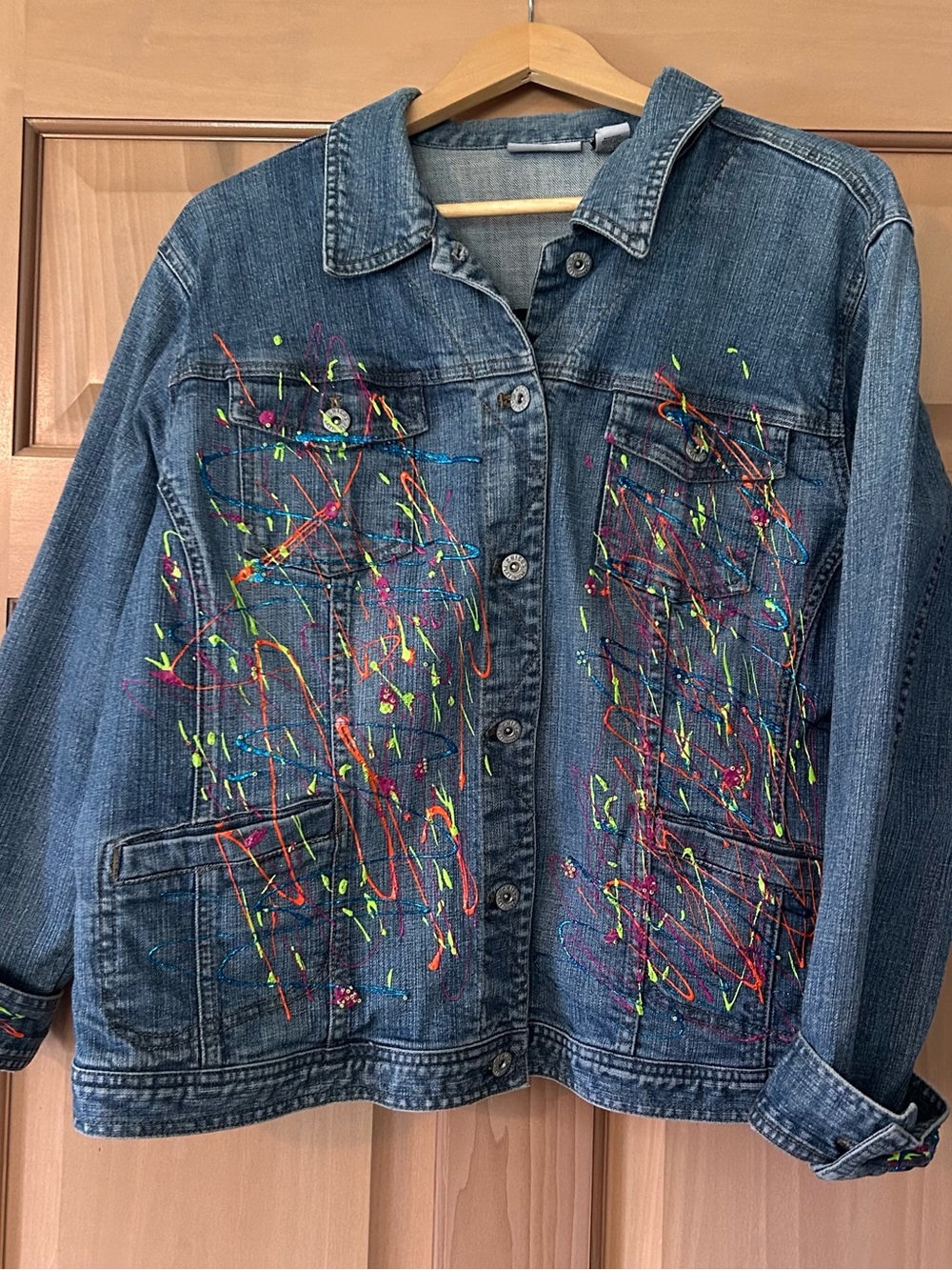 Chico's Platinum Wearable Art Denim Jacket Neon Paint Splatter Custom OOAK XL